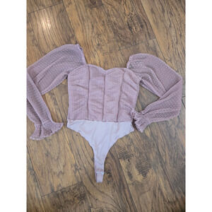 Blashe Los Angeles Blush Pink Swiss Dot Mesh Thong Bodysuit Medium Sheer